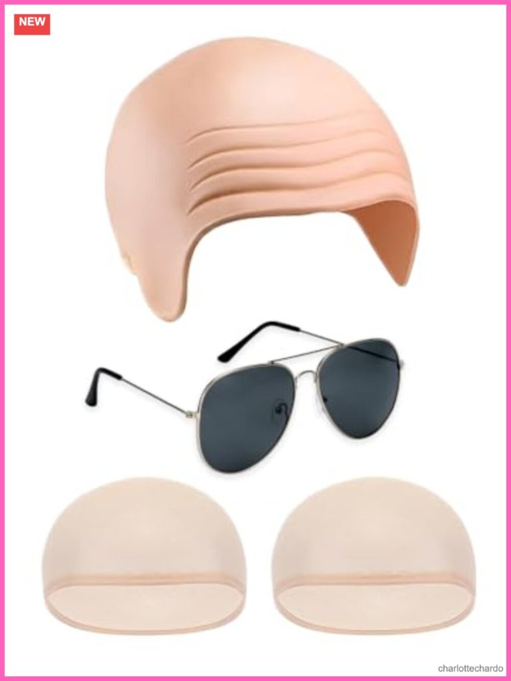 3PC Bald Cap Costume Set with Black Glasses & Mesh Wig Cap Adult Fun